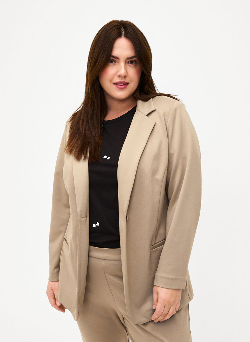 Enkel blazer med knappelukking, Beige, Model image number 0
