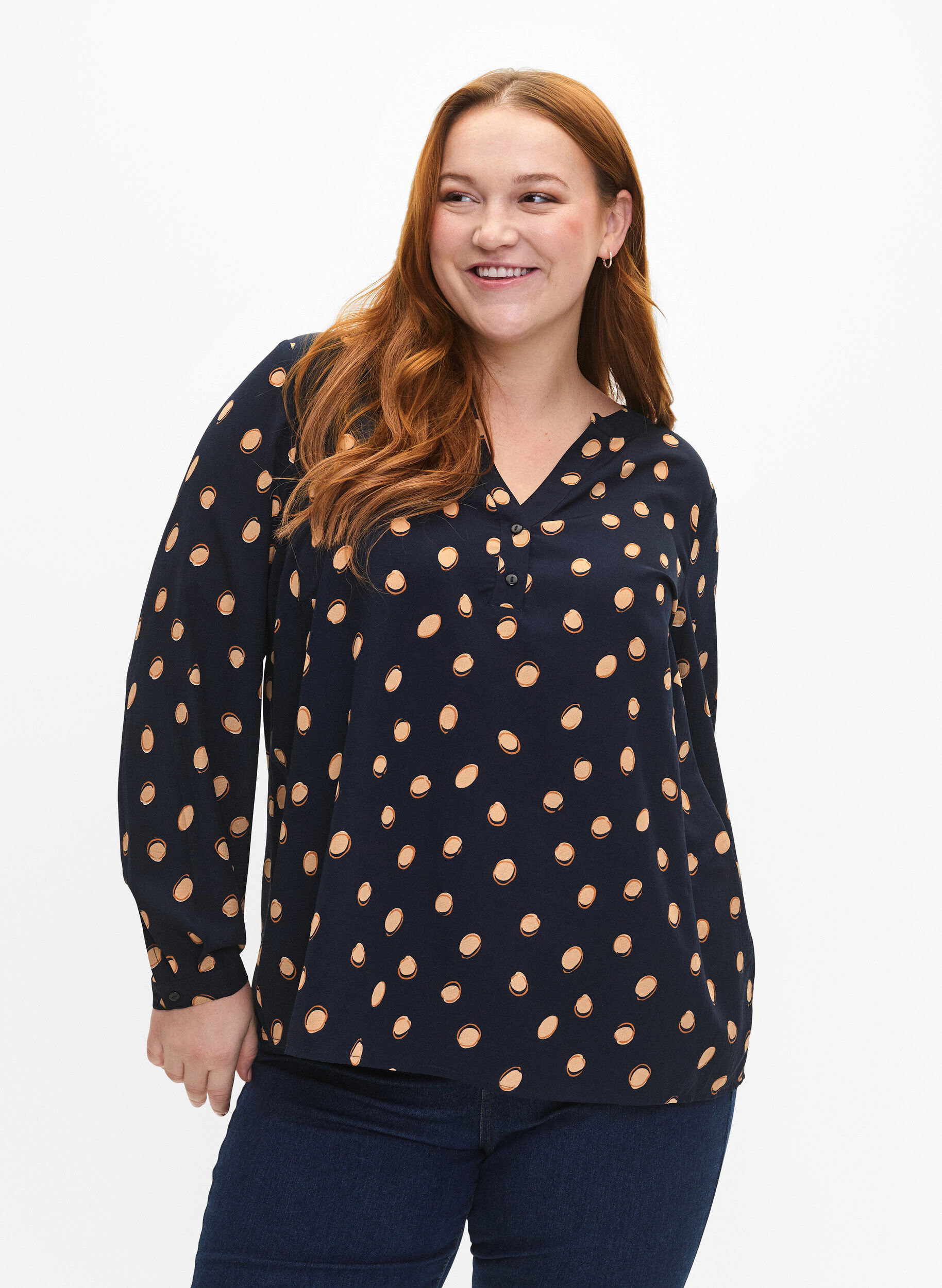 Zizzi FLASH - bluse med lange ermer og trykk, Blue Double Dot, Model image number 0