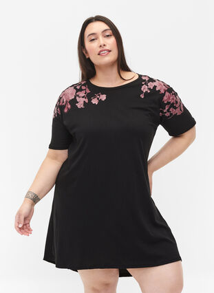 Nattkjole med blomstertrykk i bomull, Black, Model image number 0