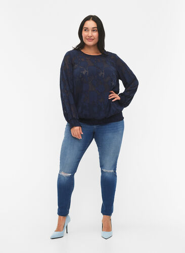 Jacquardbluse med smocking, Navy Blazer, Model image number 2