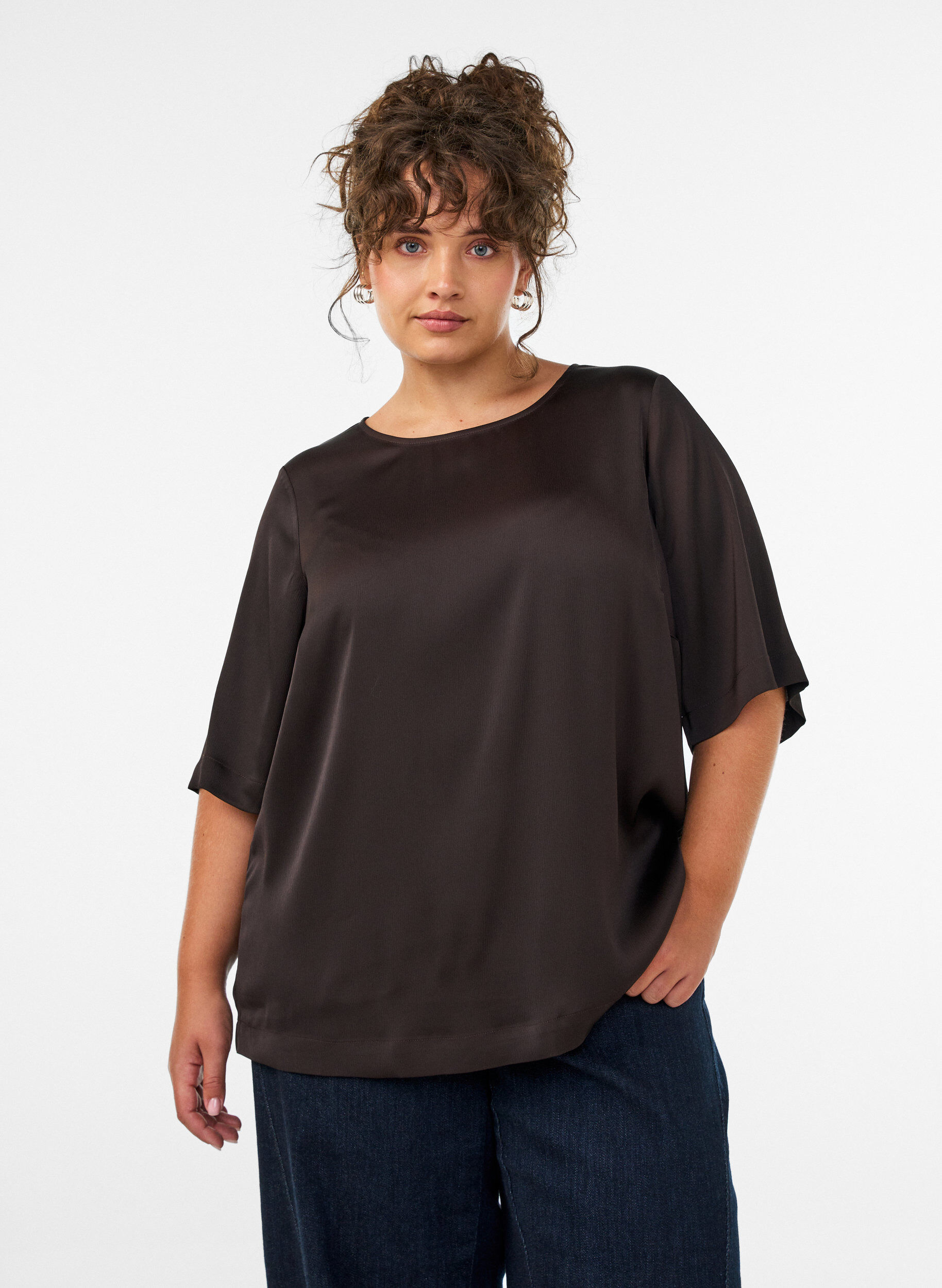 ZizziSatengbluse med albuelange ermer, Brun, Model image number 0