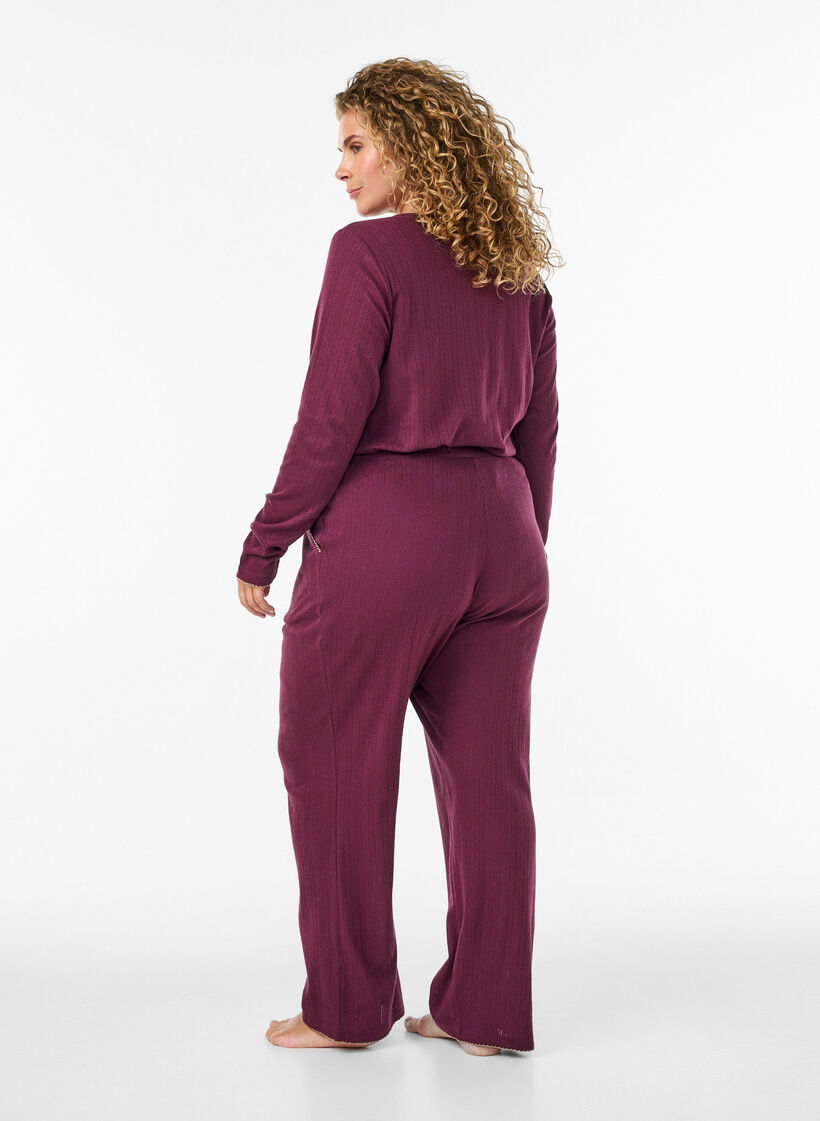Pyjamasbukse i &oslash;kologisk bomull med hullbroderi, M&oslash;rk Bordeaux, Model image number 1
