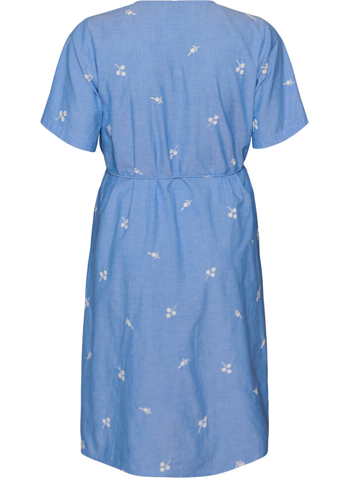Skjortekjole i bomull med broderte blomster, Bl&aring;, Packshot image number 1