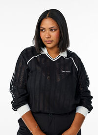 Strukturert jersey-bluse med kontrastdetaljer, Svart Strukturert jersey-bluse med kontrastdetaljer, Svart, Model