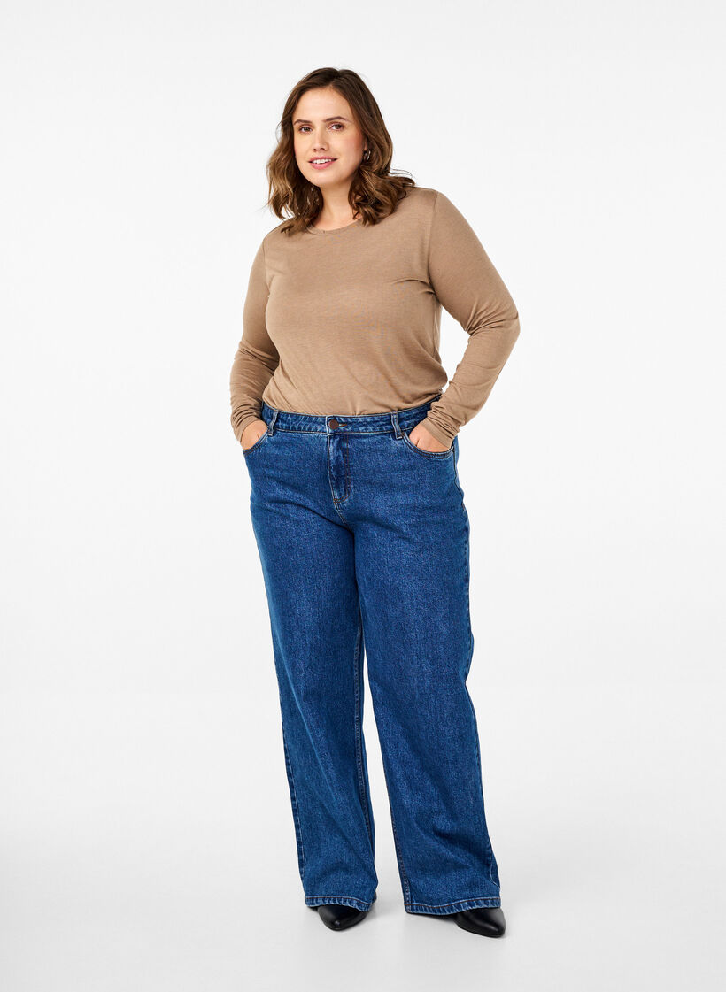 Langermet bluse i ull og viskose, Brun, Model image number 1