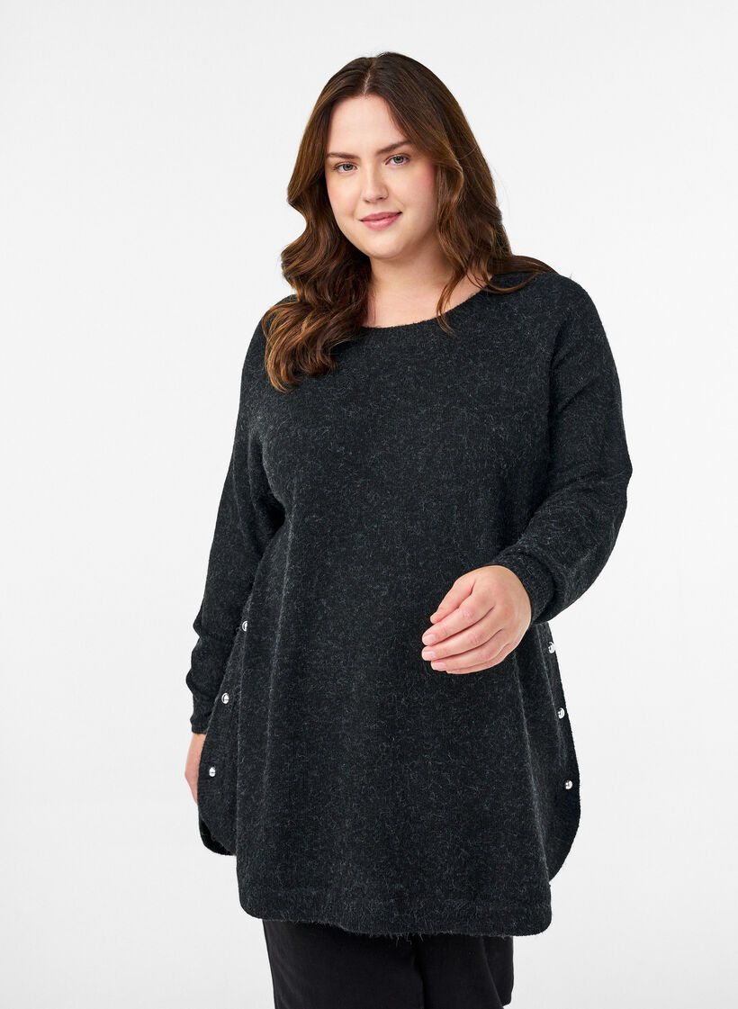Lang strikkebluse med kuleknapper, Gr&aring;, Model image number 0