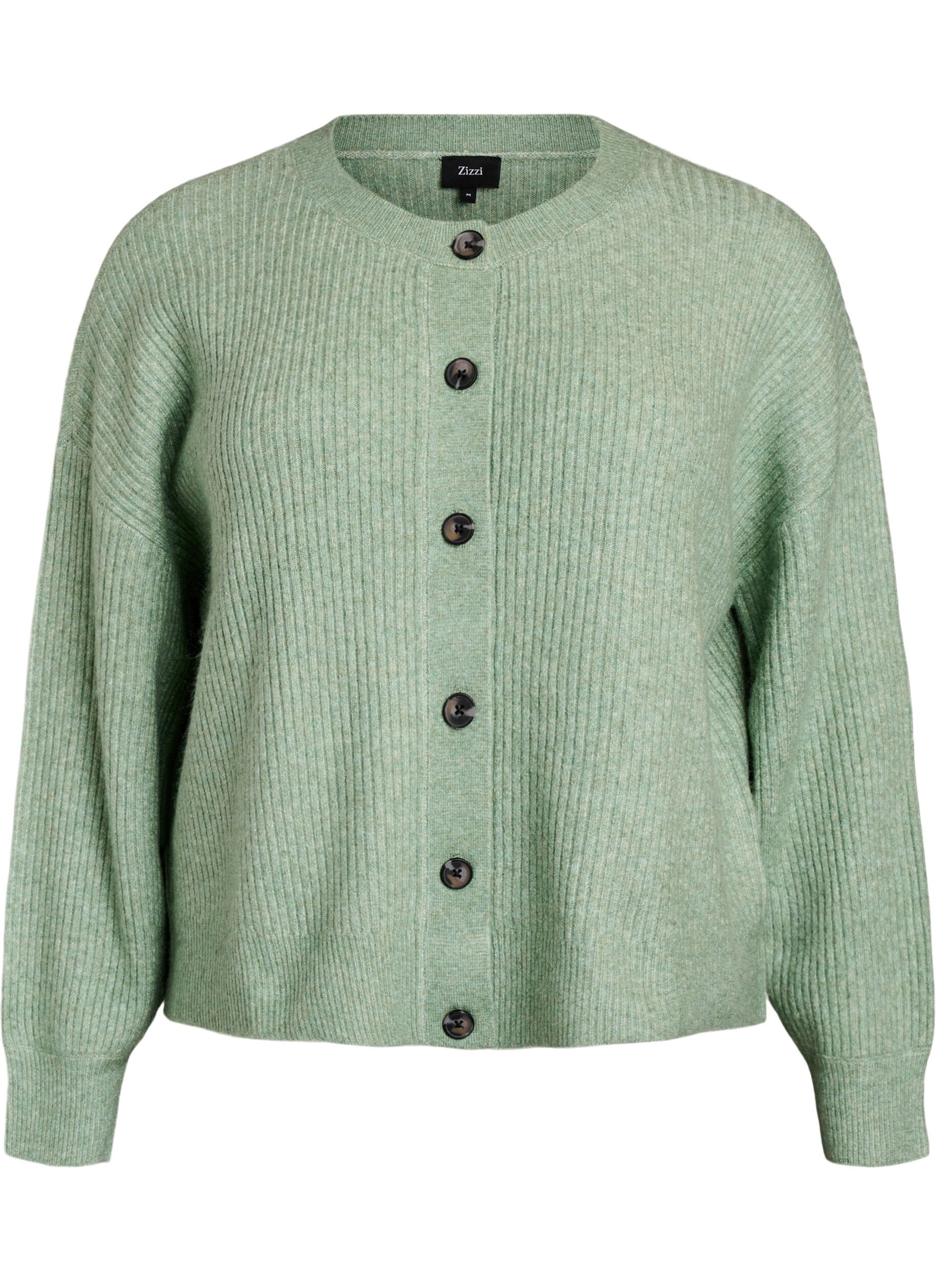 Zizzi Ribbestrikket cardigan med knapper, Gr&oslash;nn, Packshot image number 0