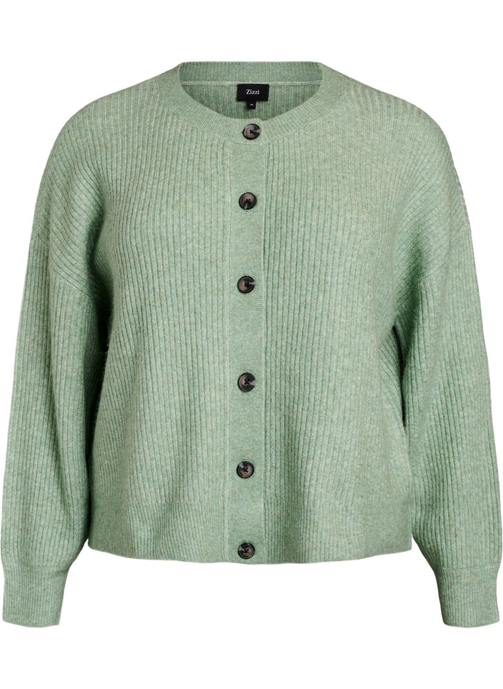Ribbestrikket cardigan med knapper, Grønn, Packshot image number 0