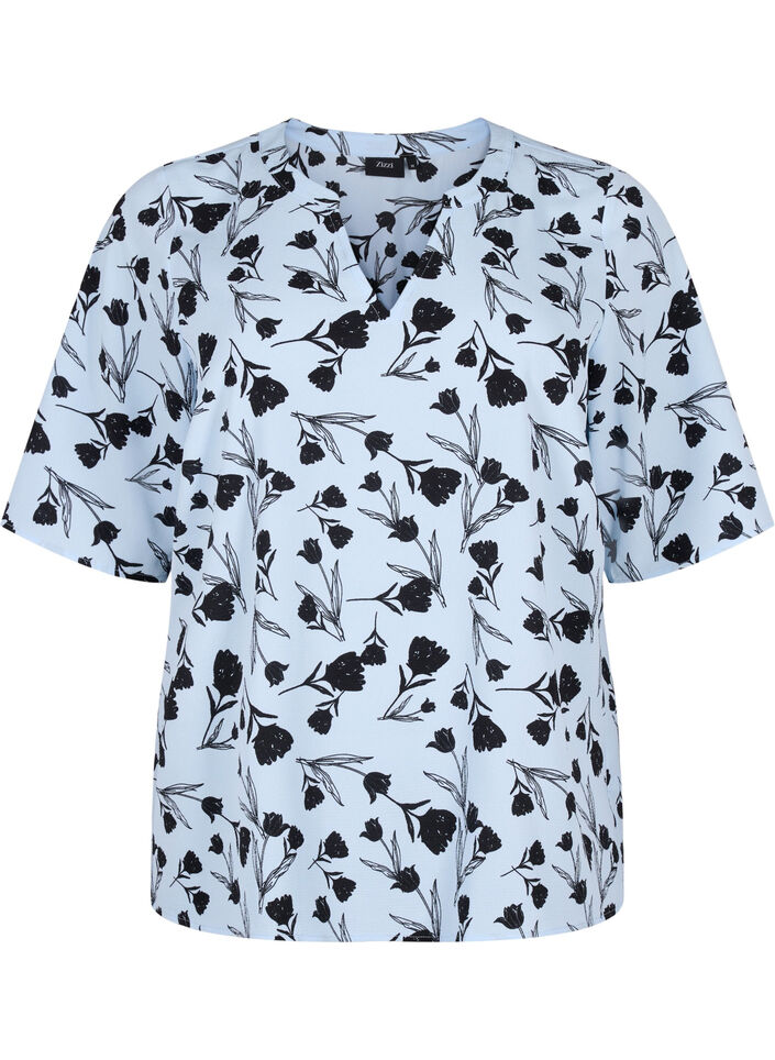 Bluse med V-hals og sløyfetrykk, Cashmere Blue Flower, Packshot image number 0