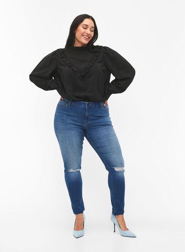 Bluse i viskose med volanger, Black, Model image number 2