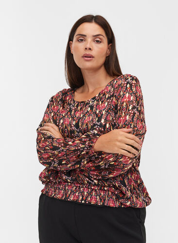 Mønstrete bluse med lange ermer og smock, Black Oriental, Model image number 0