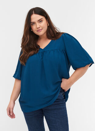 Ensfarget bluse med korte puffermer, Poseidon, Model image number 0