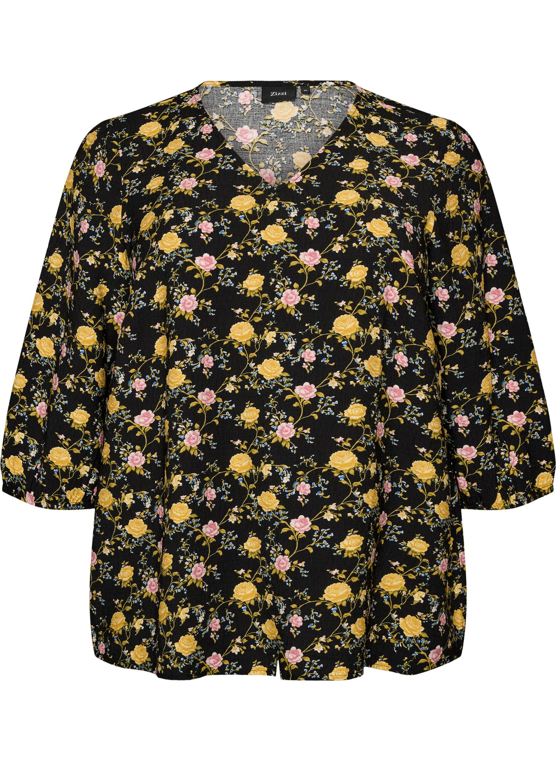 ZizziM&oslash;nstret viskosebluse med 3/4-ermer, Svart, Packshot image number 0