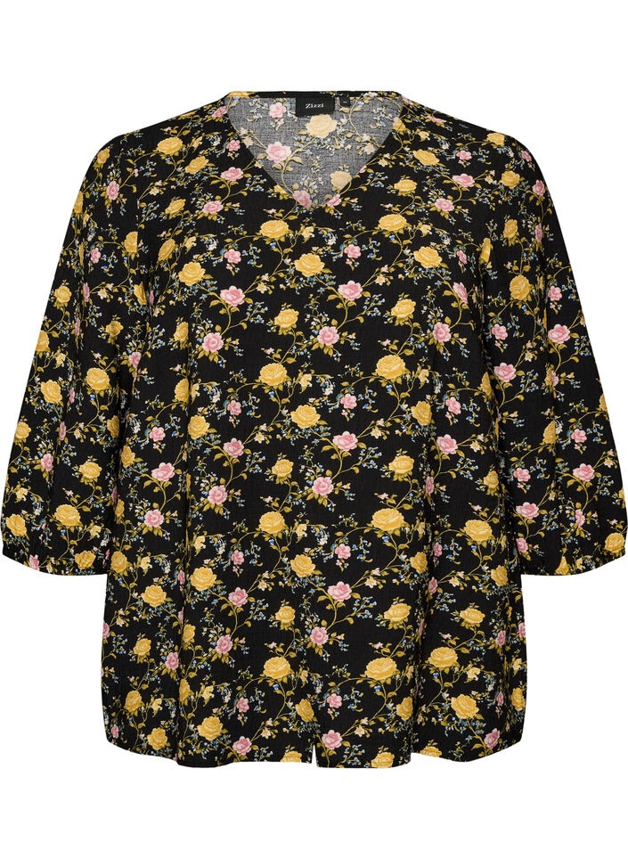 M&oslash;nstret viskosebluse med 3/4-ermer, Svart, Packshot image number 0