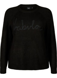 Strikket bluse med brodert tekst, Black/Black