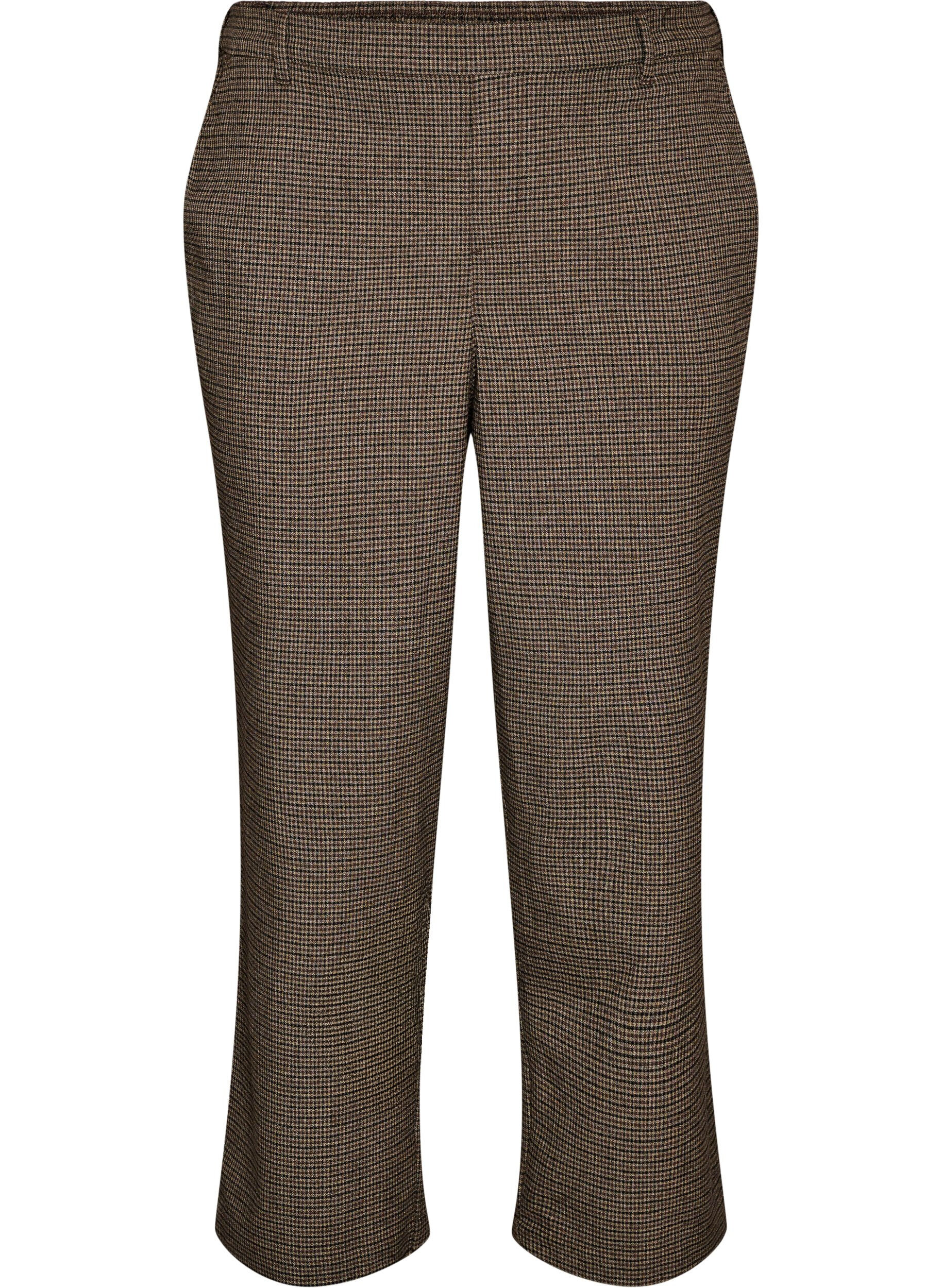 ZizziBukse med sm&aring;t rutem&oslash;nster og straight fit ben, Brun, Packshot image number 0