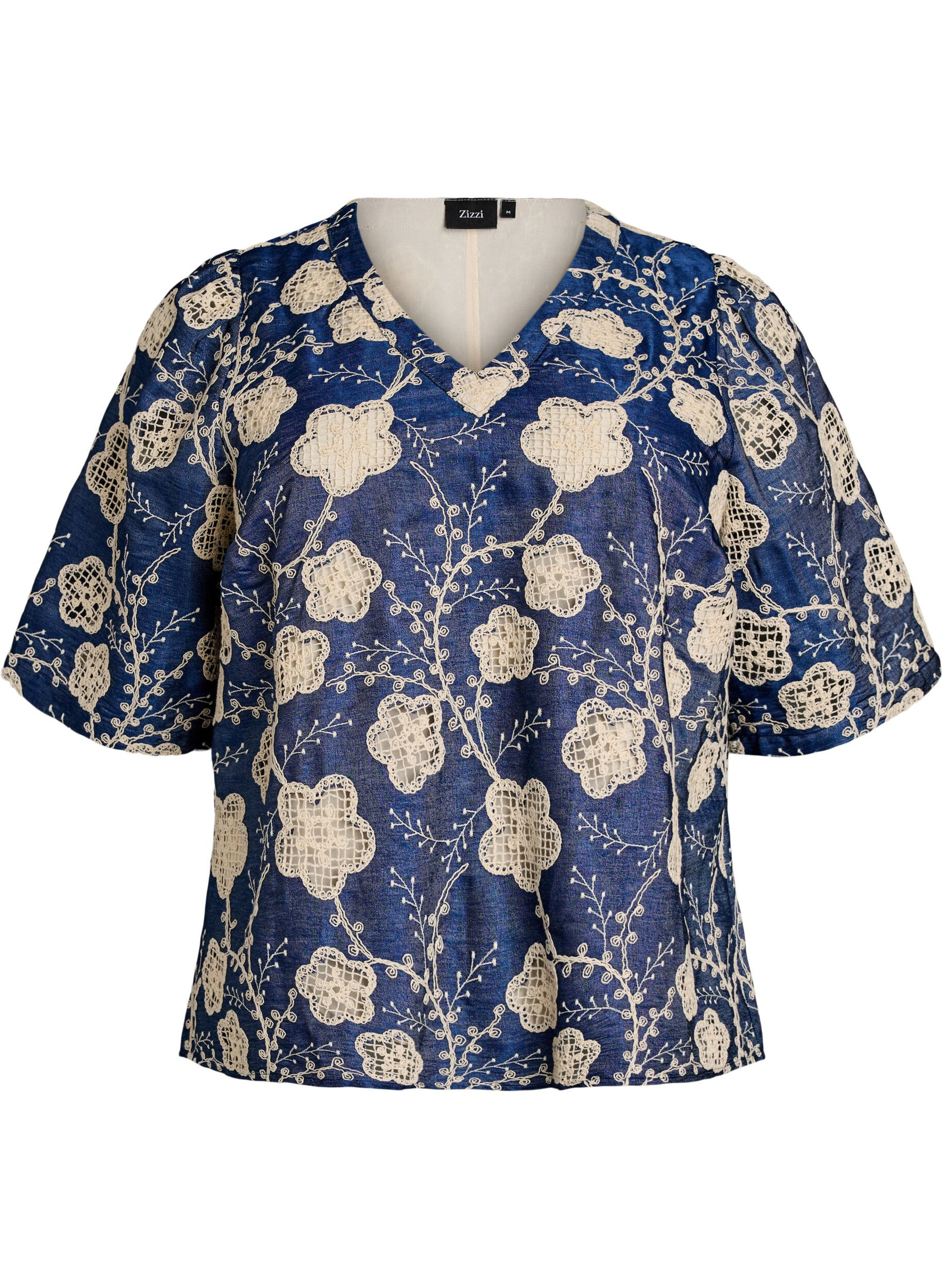Zizzi Bluse med V-hals og brodert m&oslash;nster, Bl&aring;, Packshot image number 0
