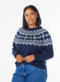 Strikkebluse med jacquardmønster og julemotiver, Blå Strikkebluse med jacquardmønster og julemotiver, Blå, Model