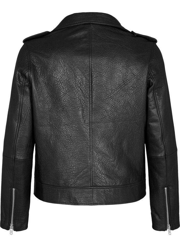 Bikerjakke i skinn med lommer, Black, Packshot image number 1