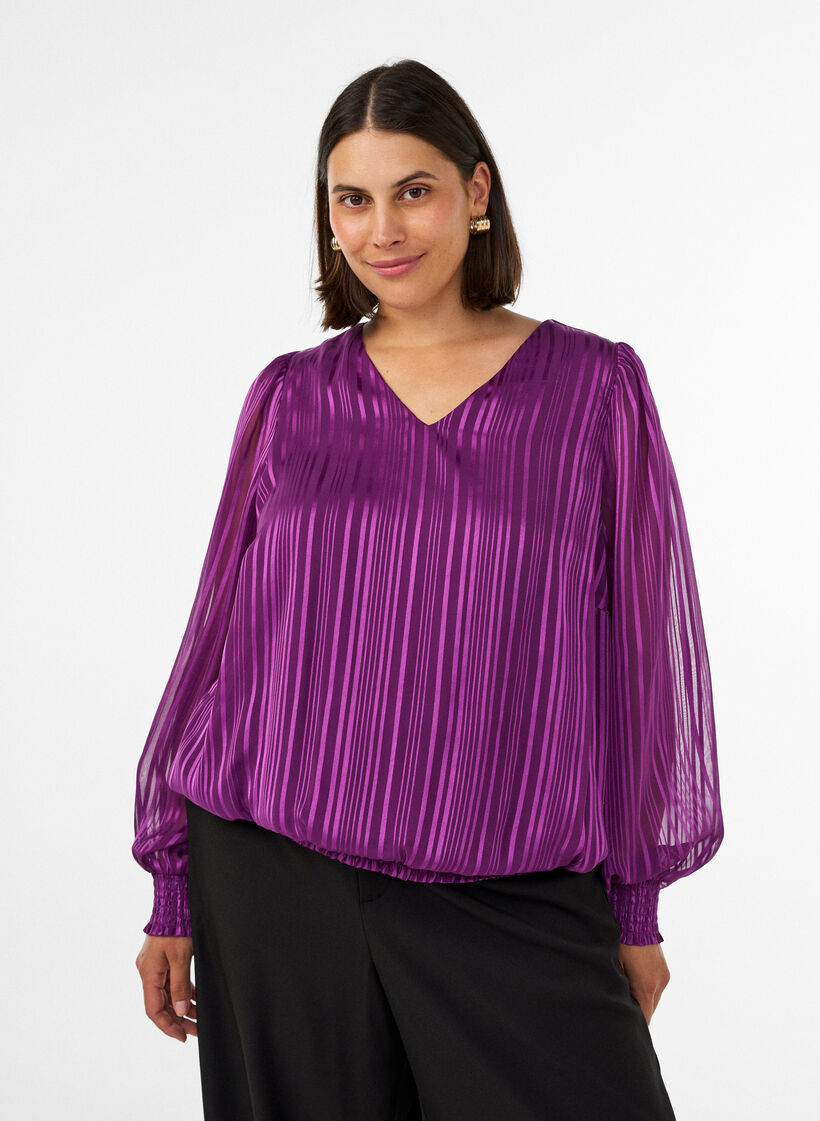 Stripete bluse med ballongfasong, Lilla, Model image number 0