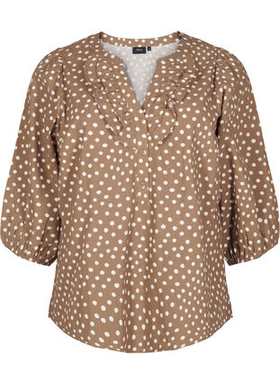 Zizzi 3/4-ermet bomullsbluse med trykk, Coca Mocha Dot , Packshot image number 0