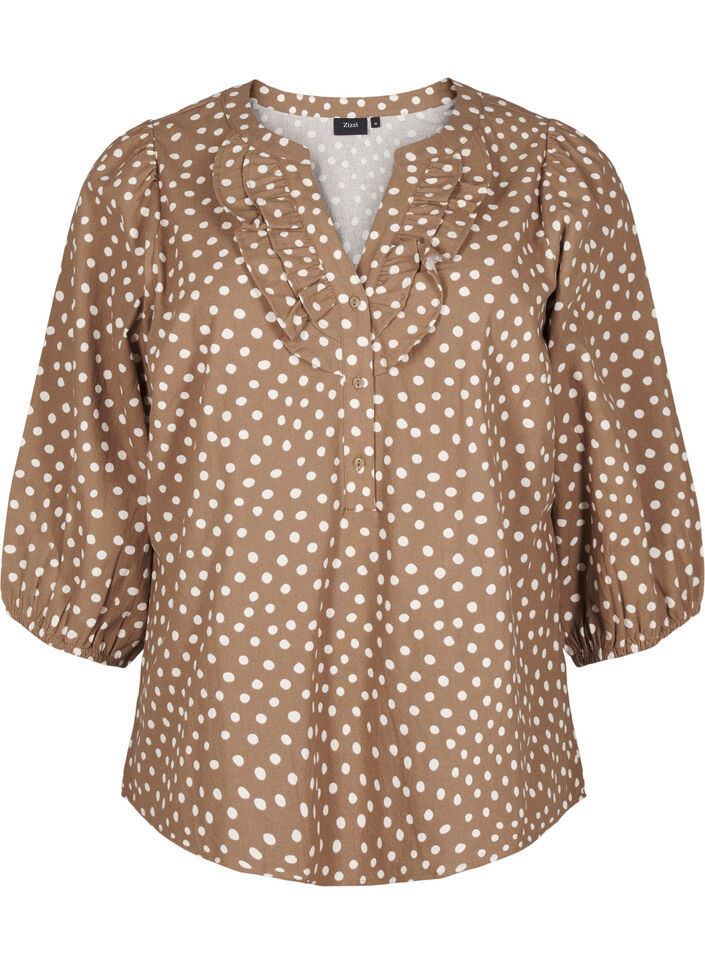 3/4-ermet bomullsbluse med trykk, Coca Mocha Dot , Packshot image number 0