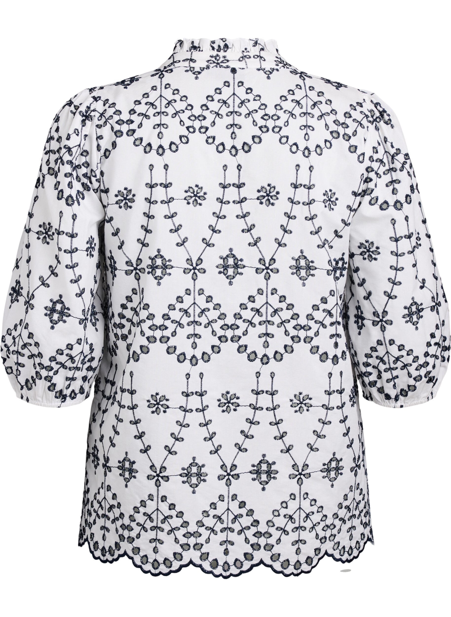 Zizzi 3/4 ermet bluse med kontrasterende broderi anglaise, Hvit, Packshot image number 1
