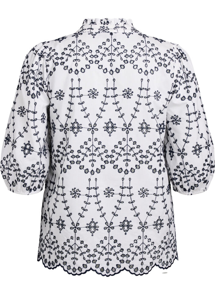 3/4 ermet bluse med kontrasterende broderi anglaise, Hvit, Packshot image number 1