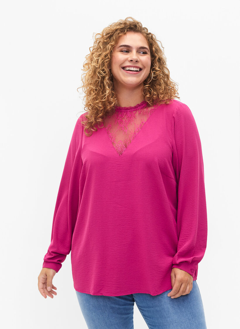 Bluse med lange ermer og blondedetaljer, Festival Fuchsia, Model image number 0