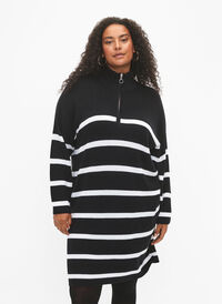 Stripete strikkekjole med glidelås, Black w.Cloud Dancer, Model