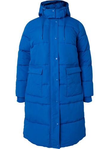 Lang Puffer jakke med lommer og hette, French Blue, Packshot image number 0
