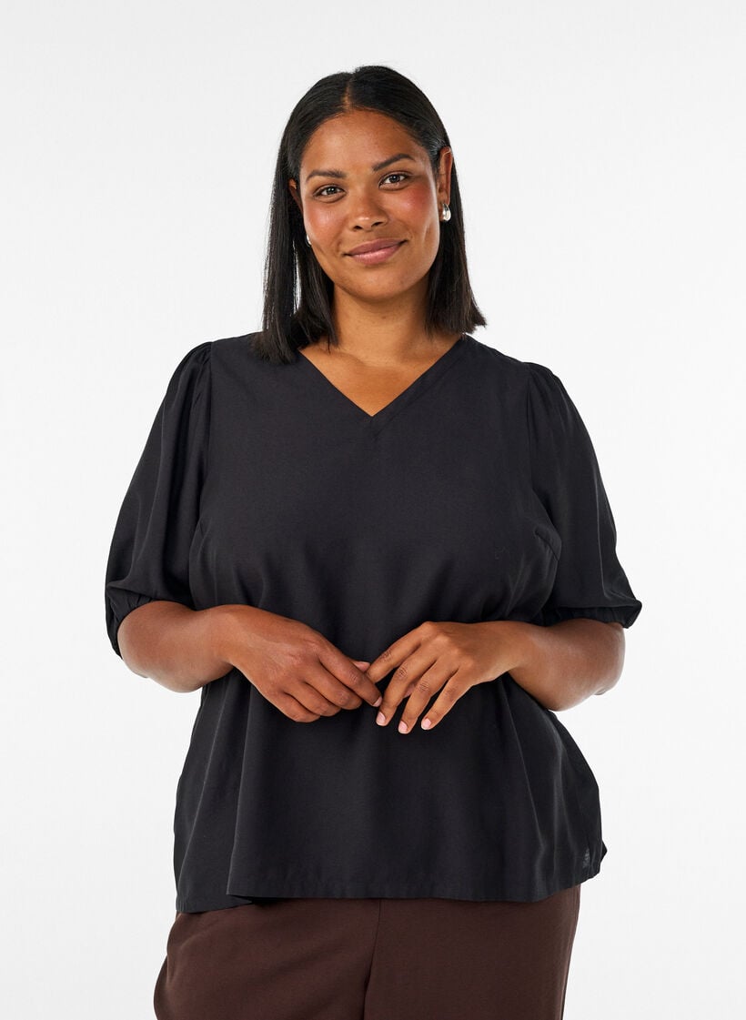 Viskosebluse med V-hals, Svart, Model image number 0