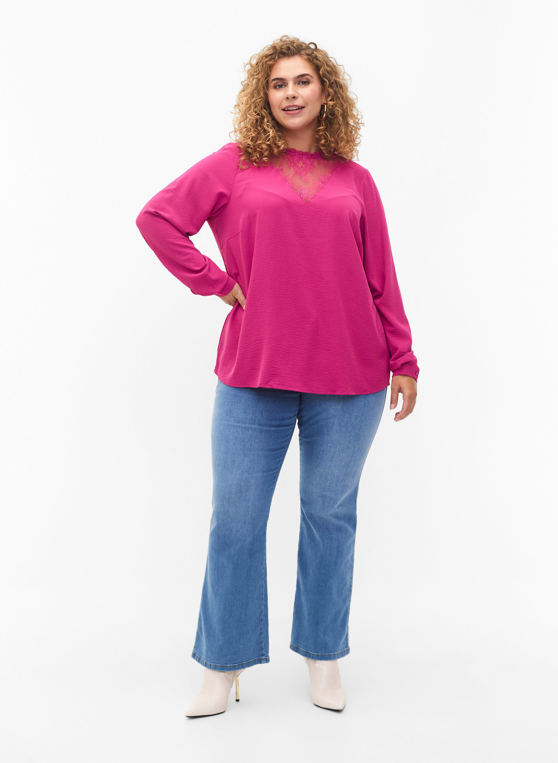 Zizzi Bluse med lange ermer og blondedetaljer, Festival Fuchsia, Model image number 2