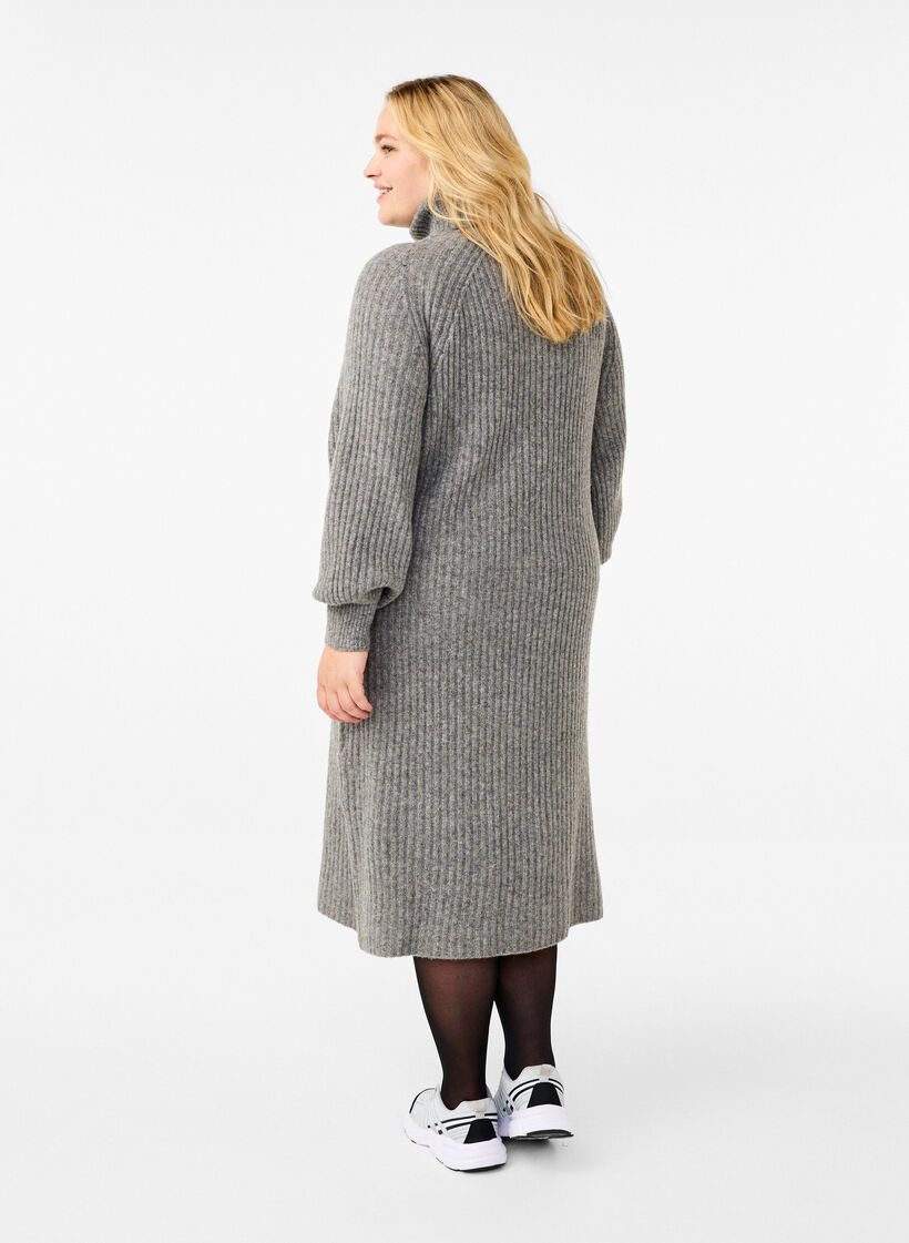 Lang strikket kjole med høy hals, Medium Grey Mel., Model image number 1
