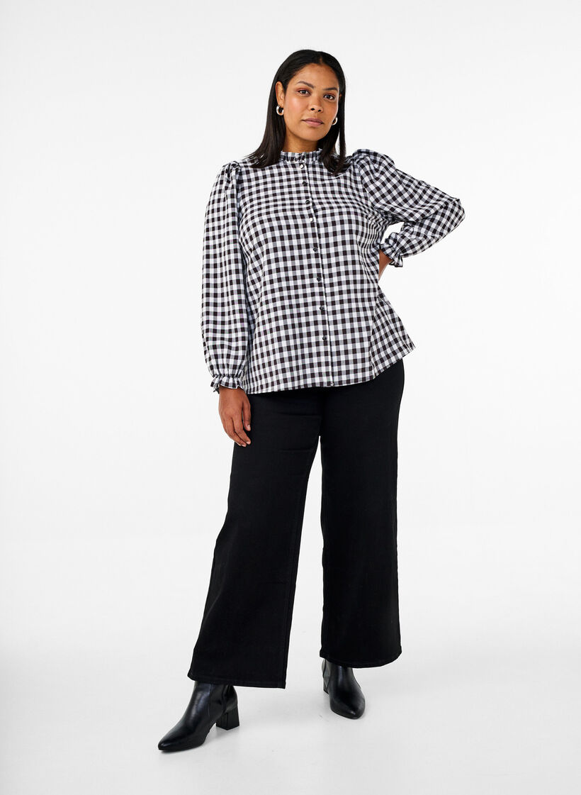 Rutete bluse med volangdetaljer, Black/W. Gingham, Model image number 3