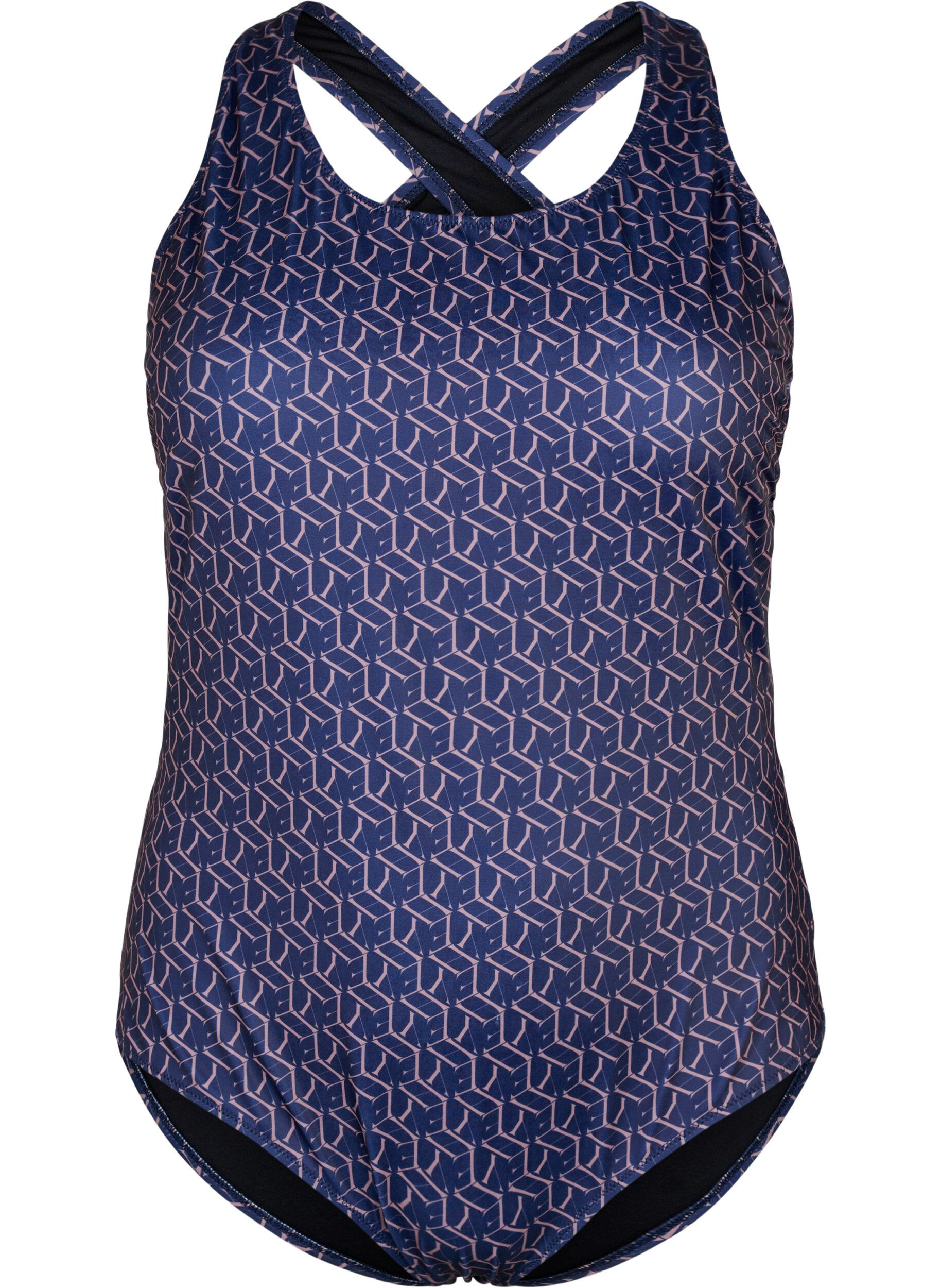 Zizzi Badedrakt med m&oslash;nster og krysset rygg, Text Print, Packshot image number 0