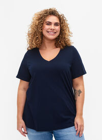 Bomulls T-skjorte med V-hals, Navy Blazer, Model