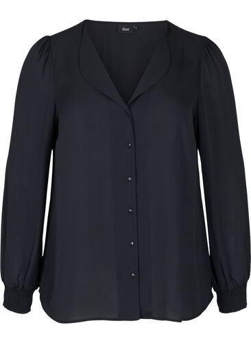 Skjorte med V-hals og smock, Black, Packshot image number 0