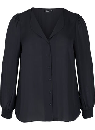 Skjorte med V-hals og smock, Black, Packshot image number 0