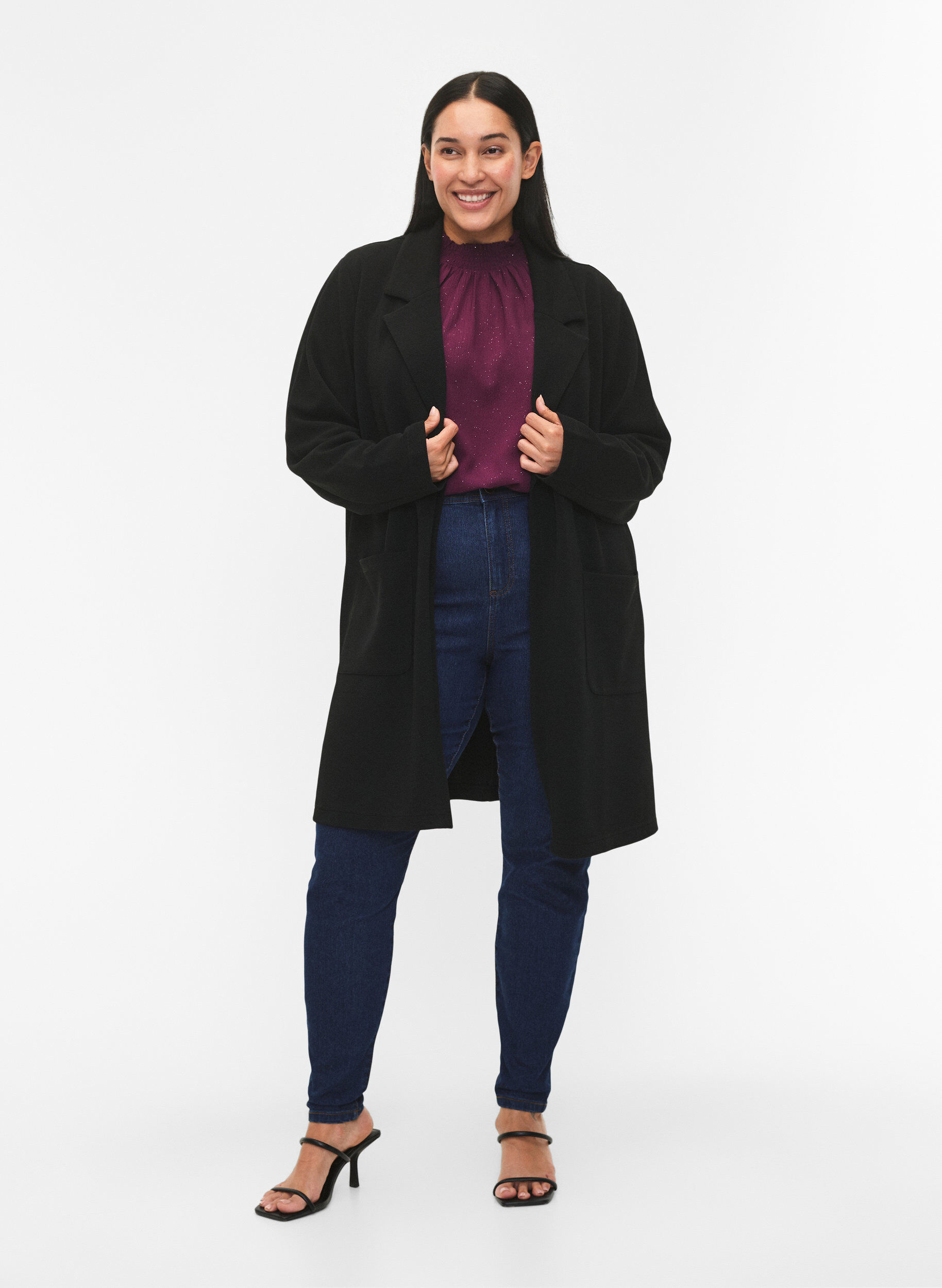 Zizzi FLASH - Lang blazer med lommer, Svart, Model image number 1