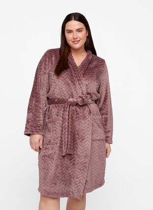 Korte mønstrete morgenkåpe med lommer, Rose Taupe, Model image number 0