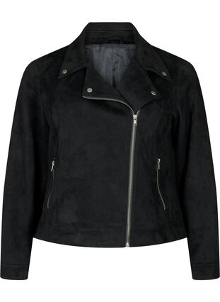 Zizzi Bikerjakke i imitert semsket skinn, Black, Packshot image number 0