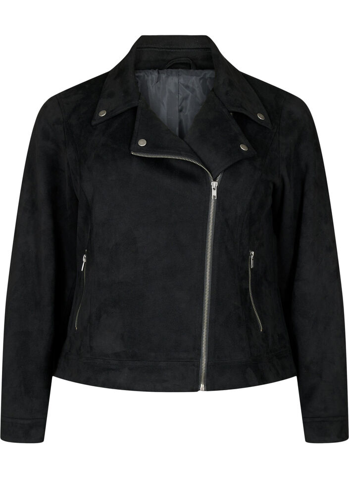 Bikerjakke i imitert semsket skinn, Black, Packshot image number 0