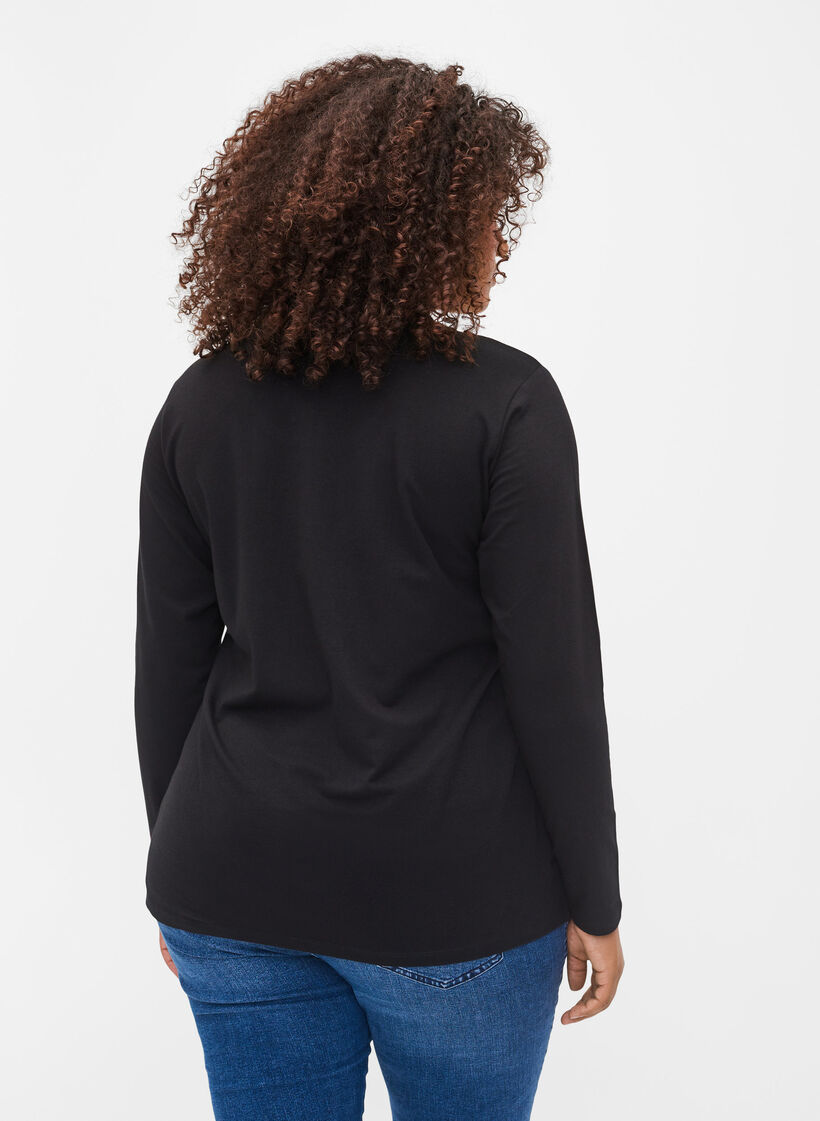 Ensfarget basisbluse i bomull, Solid Black, Model image number 1