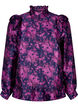 Blomstret jacquardbluse med volanger, Dark Blue Pink, Packshot image number 0