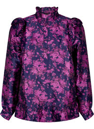 Blomstret jacquardbluse med volanger, Dark Blue Pink