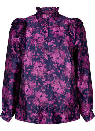 Blomstret jacquardbluse med volanger, Dark Blue Pink, Packshot image number 0