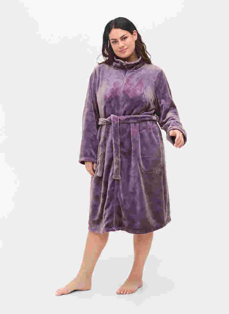 Morgenkåpe med glidelås og lommer, Vintage Violet, Model image number 2