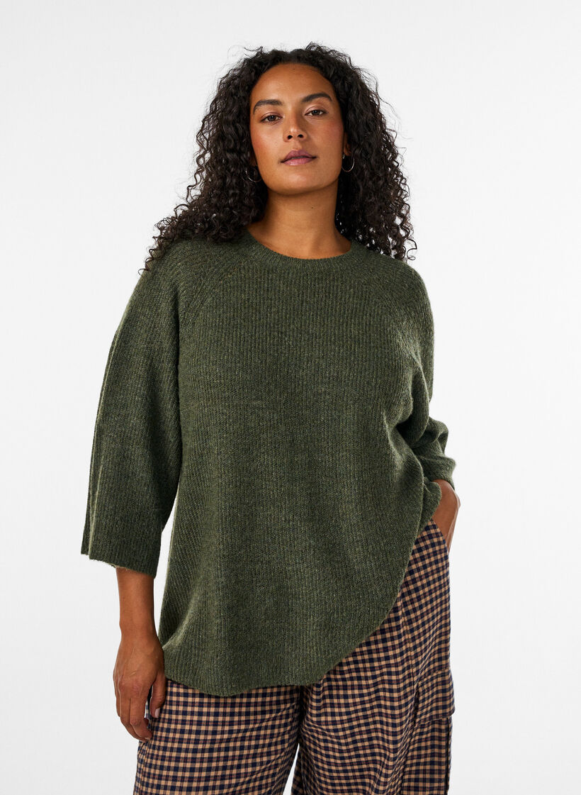 Ribbestrikket genser med 3/4 ermer, Gr&oslash;nn, Model image number 0