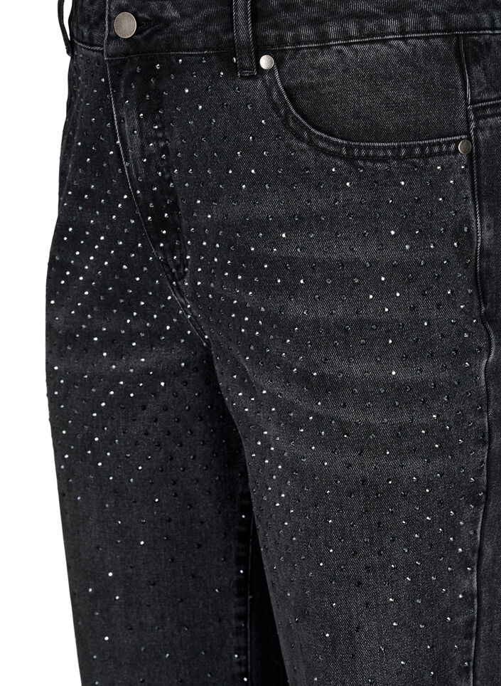 Straight fit jeans med rhinesteiner og høy midje, Grå, Packshot image number 2